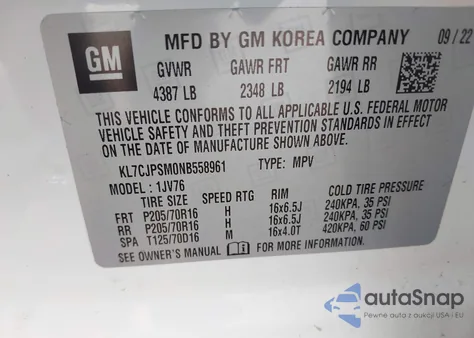 2022 Chevrolet Trax Awd Lt from USA, damaged, VIN KL7CJPSM0NB558961